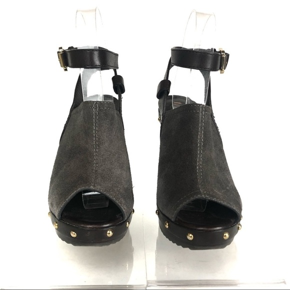 Tory Burch Bilson Clog Suede Leather Studs Ankle Strap Peep Toe Sandal Heels 6 - Picture 2 of 8